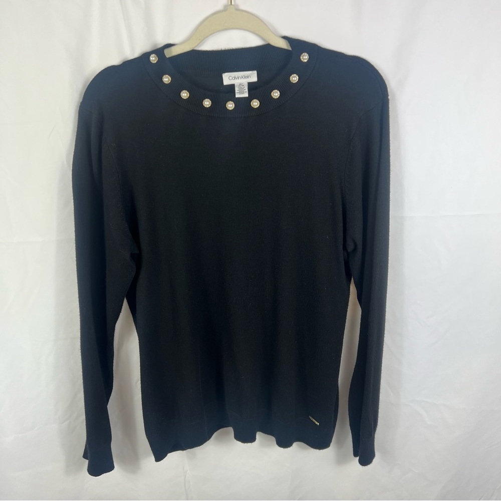 Calvin Klein Black Long Sleeve Sweater Top with Pearl Details